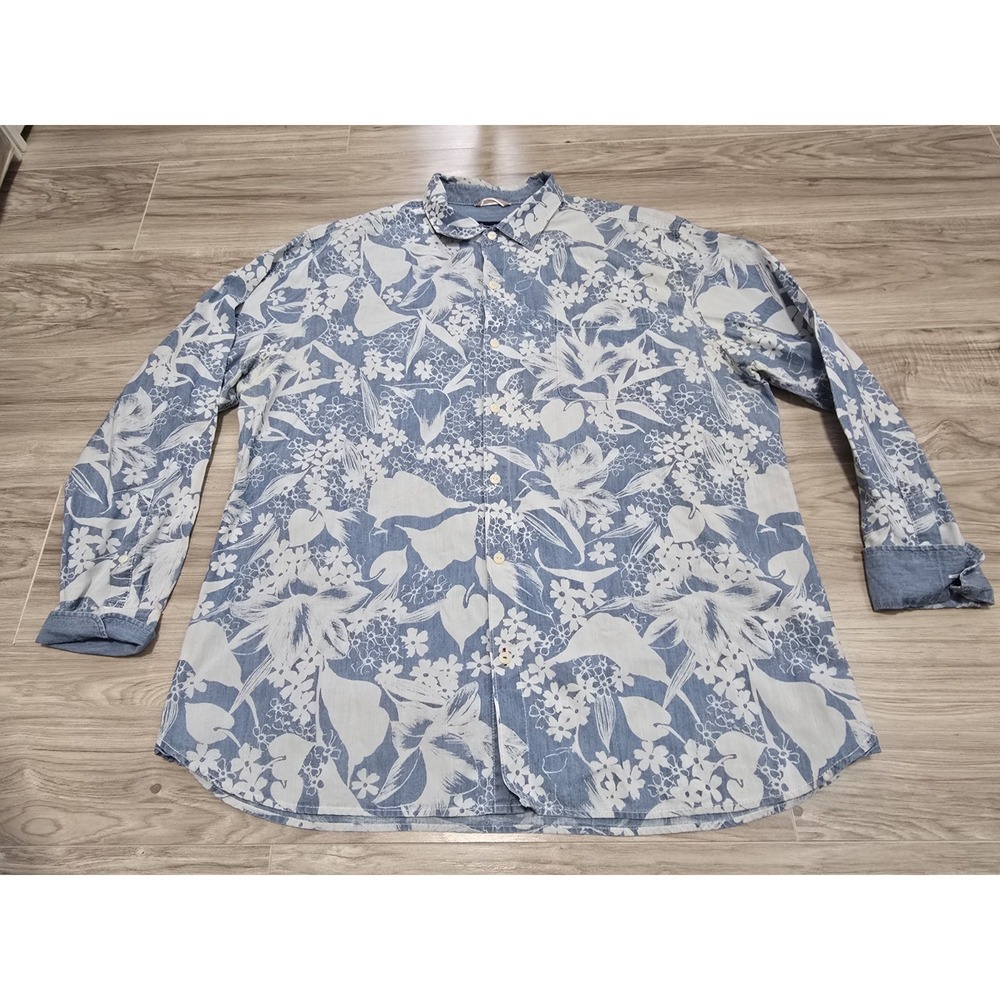 Tommy Bahama Shirt Mens XXL Blue Tropical Floral Long Sleeve Button 2XL